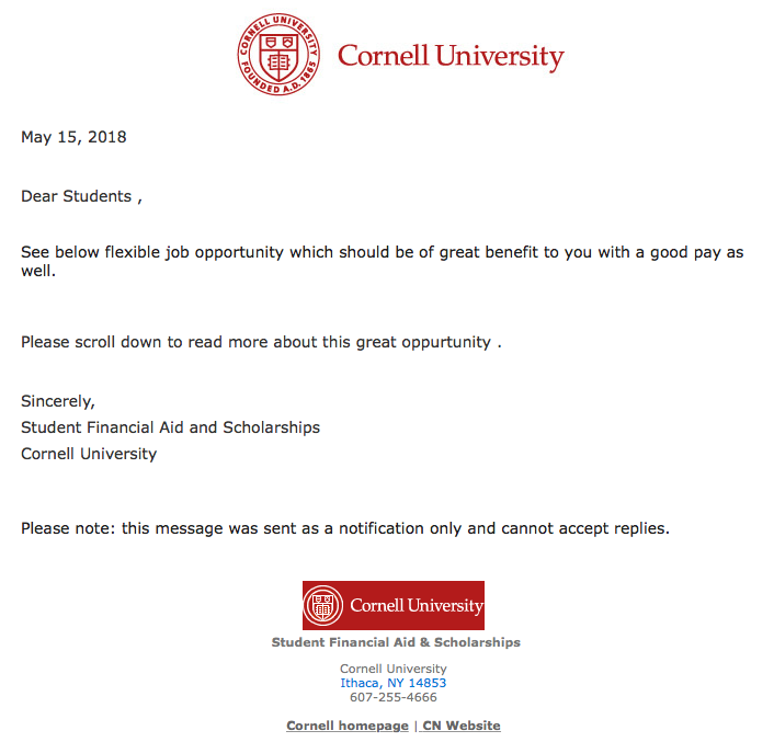  Phishing Email Cornell University Student Aid IT Cornell
